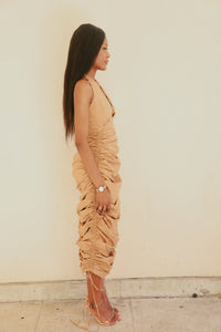 TIANA Midi Ruched Dress (Tan)
